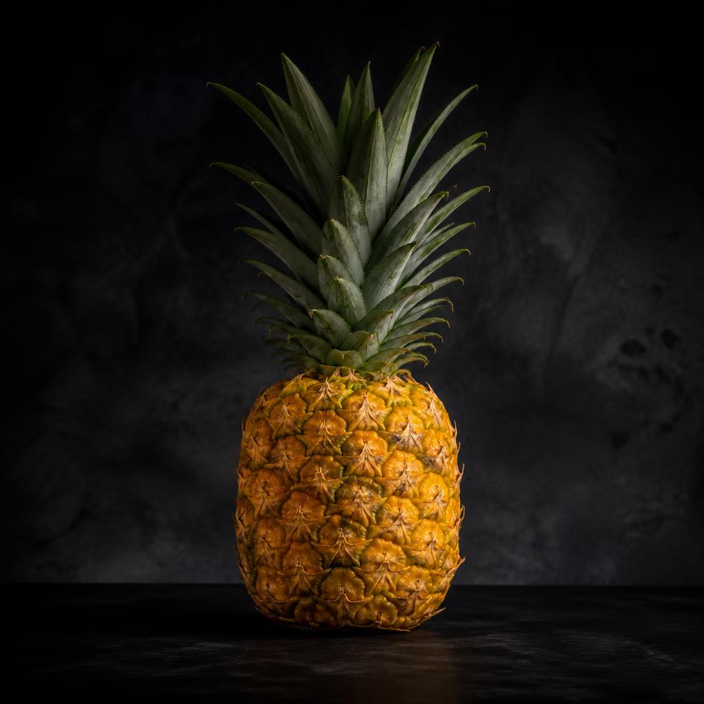 A ripe golden MD2 pineapple, whole and sliced, on a wooden surface
