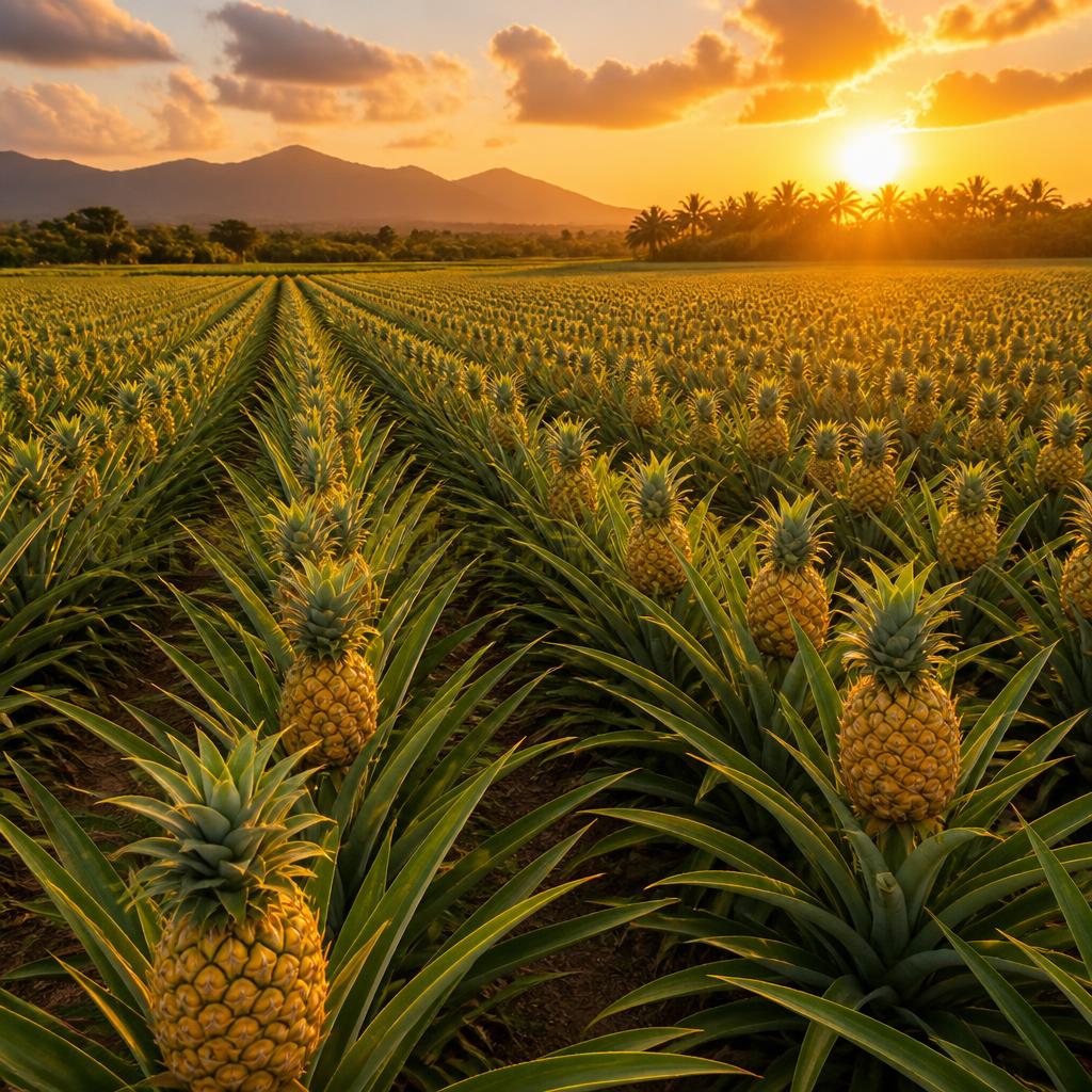 A field of pineapples growing on a plantation under tropical sun